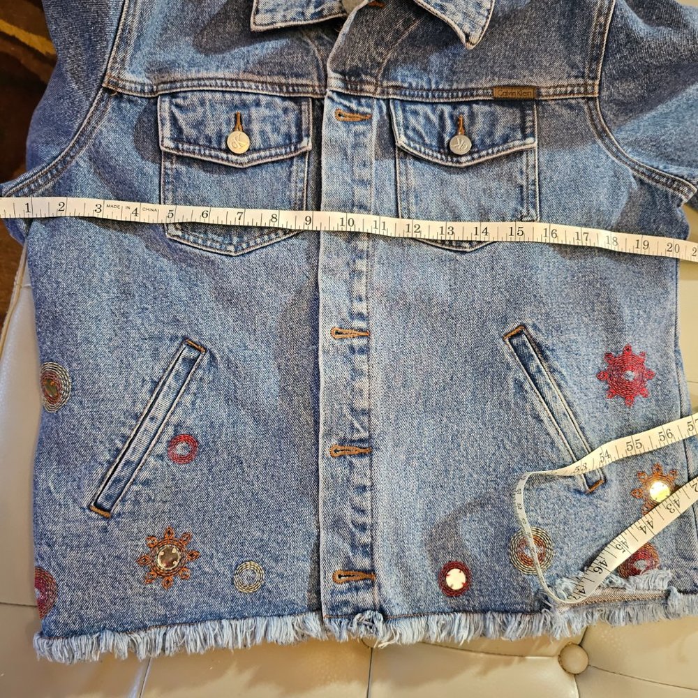 CALVIN KLEIN JEANS Denim Jean Jacket with Red Orange Embroidery 100% Cotton - Picture 10 of 13